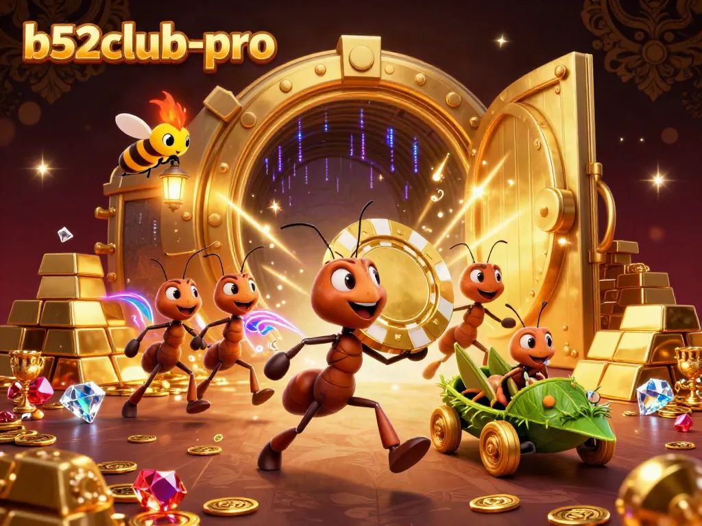Ants heist scene carrying a golden chip for b52club-pro in a dynamic casino illustration.