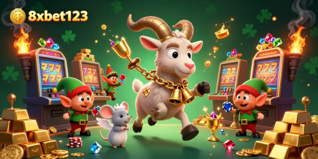 Experience thrilling gameplay at 8xbet123 featuring a cartoon-style holiday casino scene with Krampus and festive characters.
