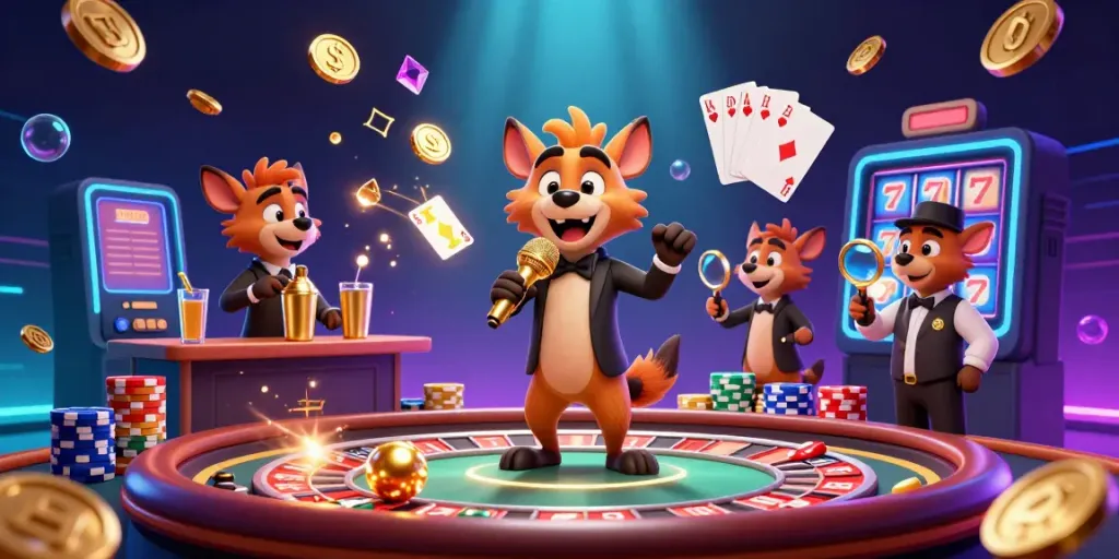 Engage with sin88 in a vibrant casino atmosphere featuring hyenas as stand-up comedian, bartender, and bouncer among flying coins and roulette action.