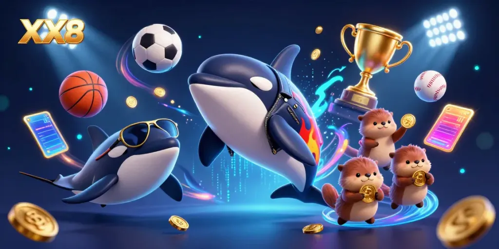 Experience exciting gameplay at XX8 with cartoon characters surrounded by vibrant gambling elements.