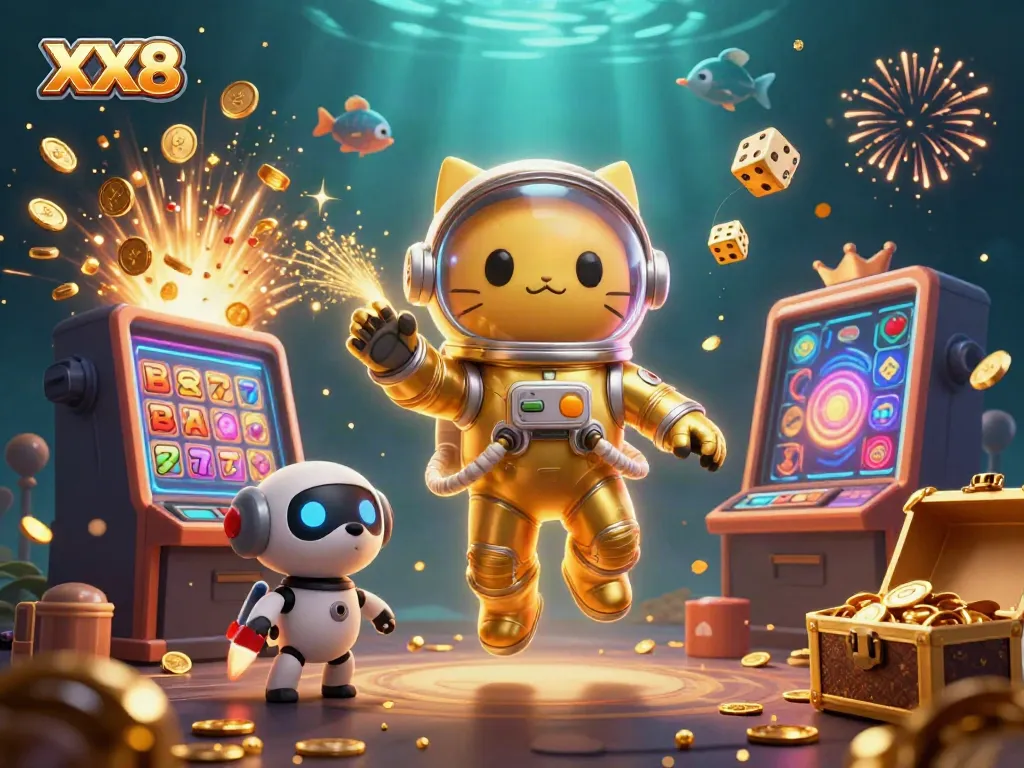 Experience thrilling action at XX8 with a cosmic cat and robot dog in a vibrant casino scene.