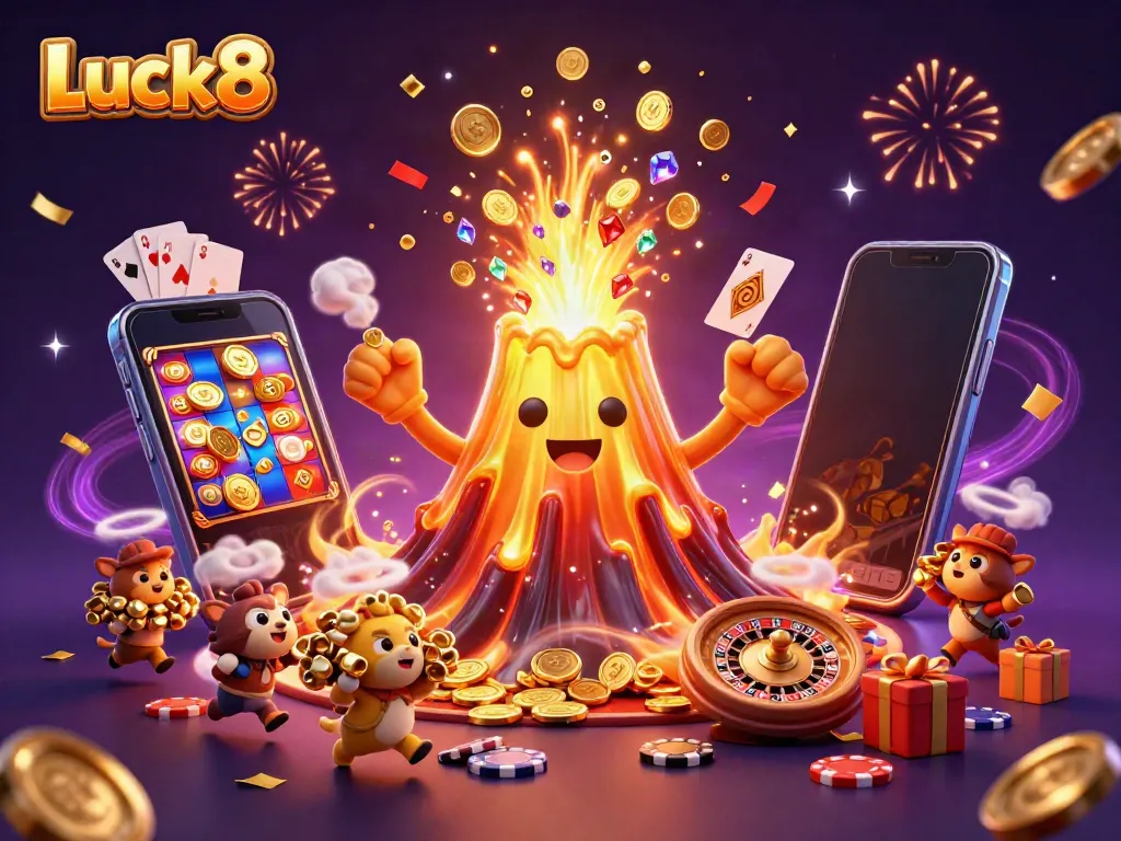 Win big at Luck8 with vibrant slot games and treasures erupting in a lively casino scene.