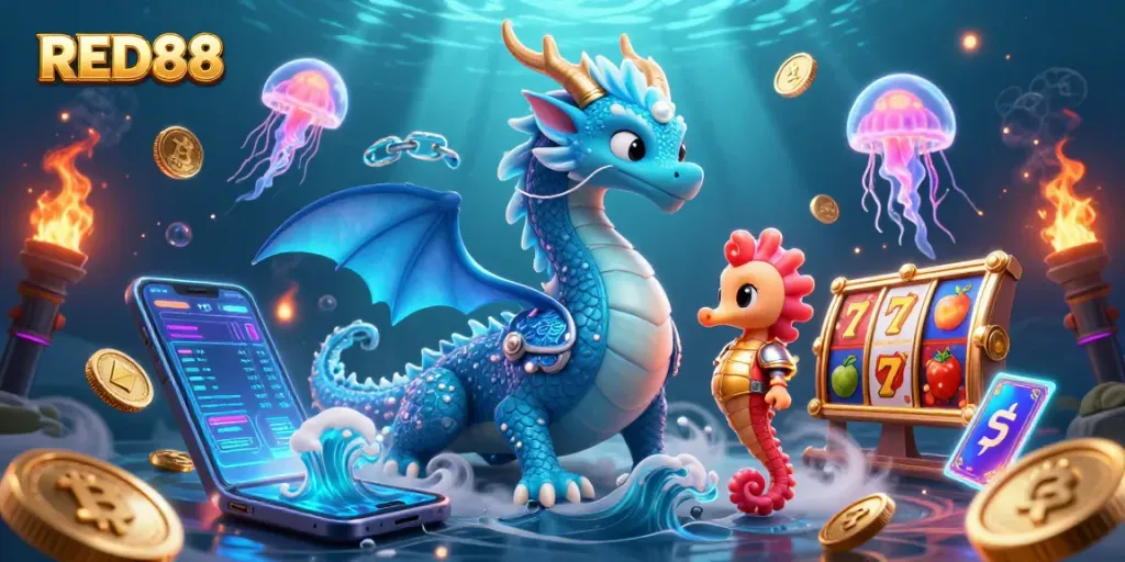 Engage in exciting gameplay at RED88 with vibrant slot reels, neon elements, and enchanting ocean characters.